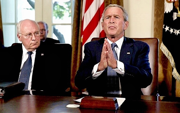 President Bush praying for a way out of Iraq, with Vice President Cheney looking on (perhaps pissed because he is wearing the same tie as Bush)