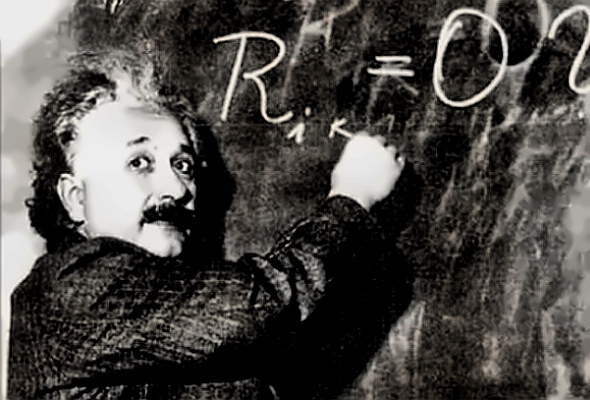 Scientist Albert Einstein at the blackboard