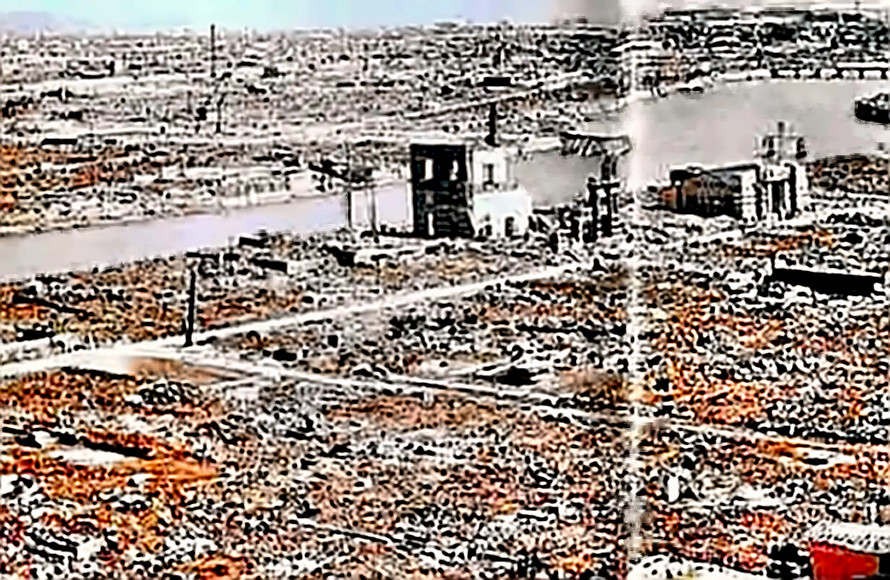 Hiroshima after the bomb showing widespread devastation