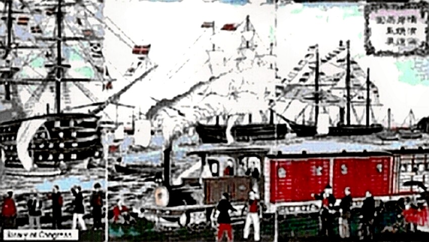 Meiji Restoration painting of ships in harbor