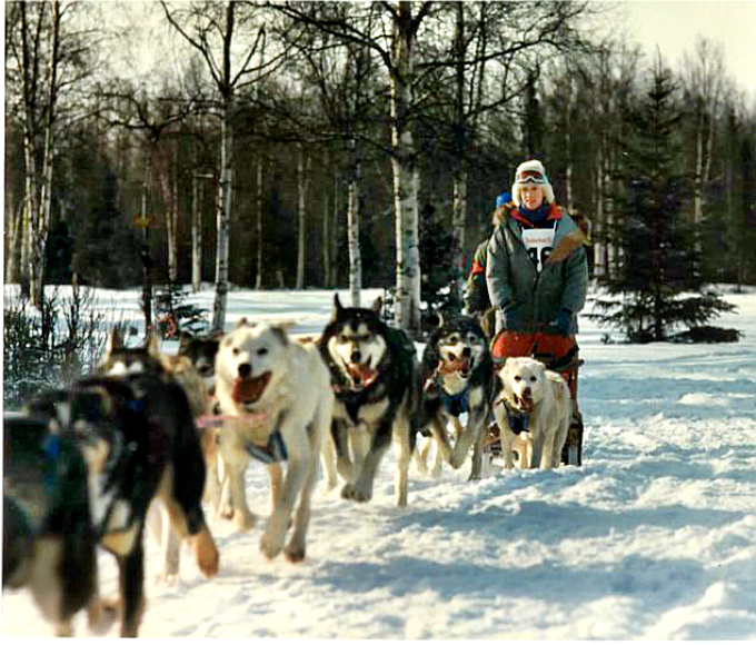 Libby Riddles Iditarod Huskies pulling sled