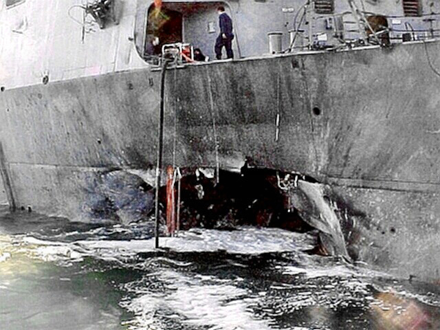USS Cole - close up of the damage