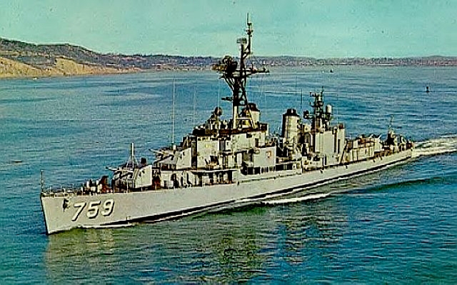 USS Lofberg (DD-759) underway in coastal waters