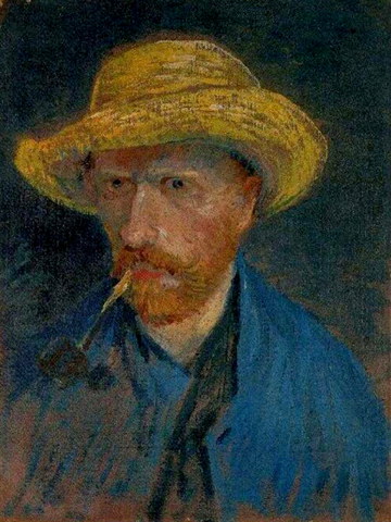 Painter Vincent van Gogh's self portrait with pipe and hat